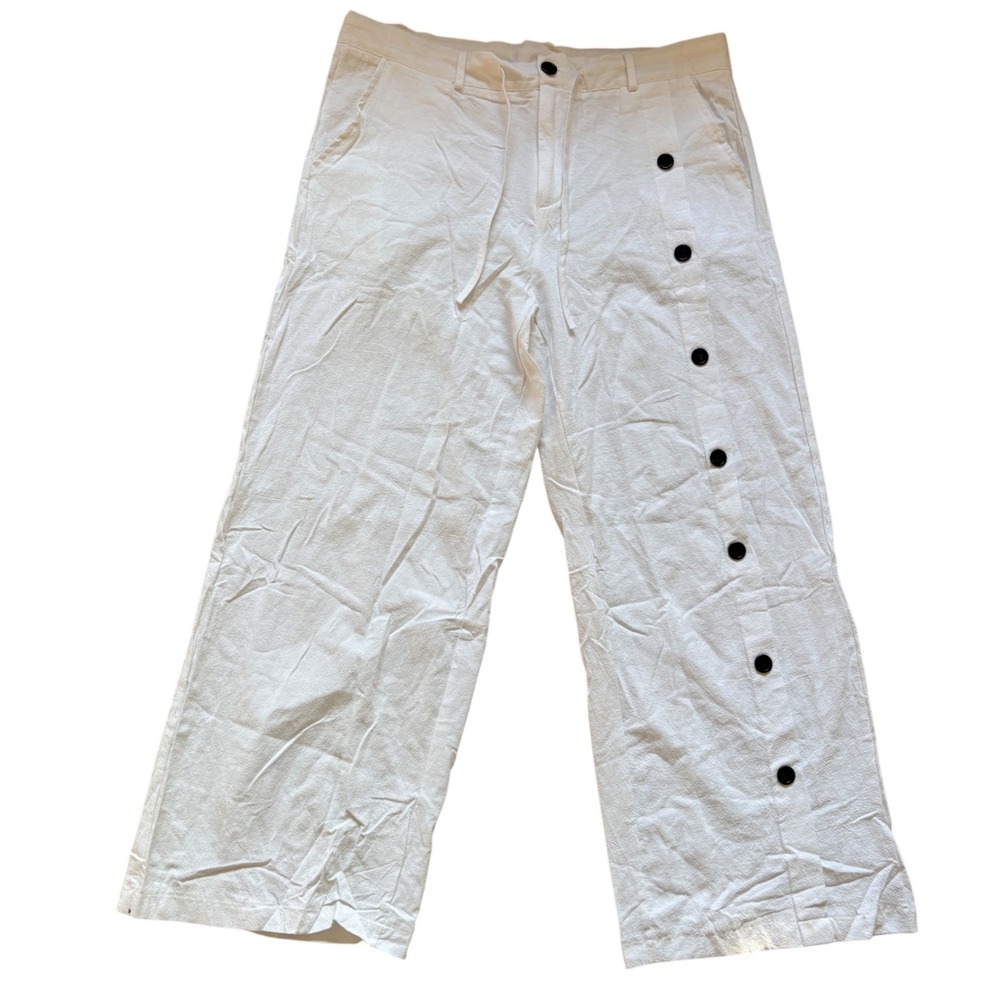 Ouku Mens XL White Cotton Linen Blend Wide Leg Side Button Pants Drawstring New